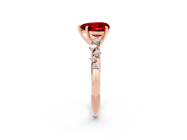 Rose gold Heart Cut Ruby Cluster Side Stone Solitaire Ring with Prong Setting