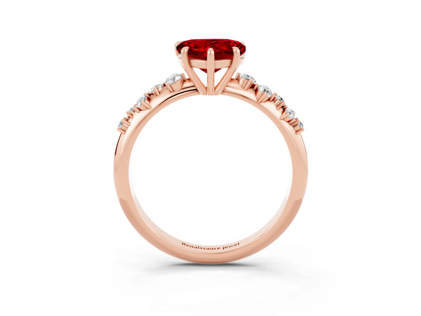 Rose gold Heart Cut Ruby Cluster Side Stone Solitaire Ring with Prong Setting