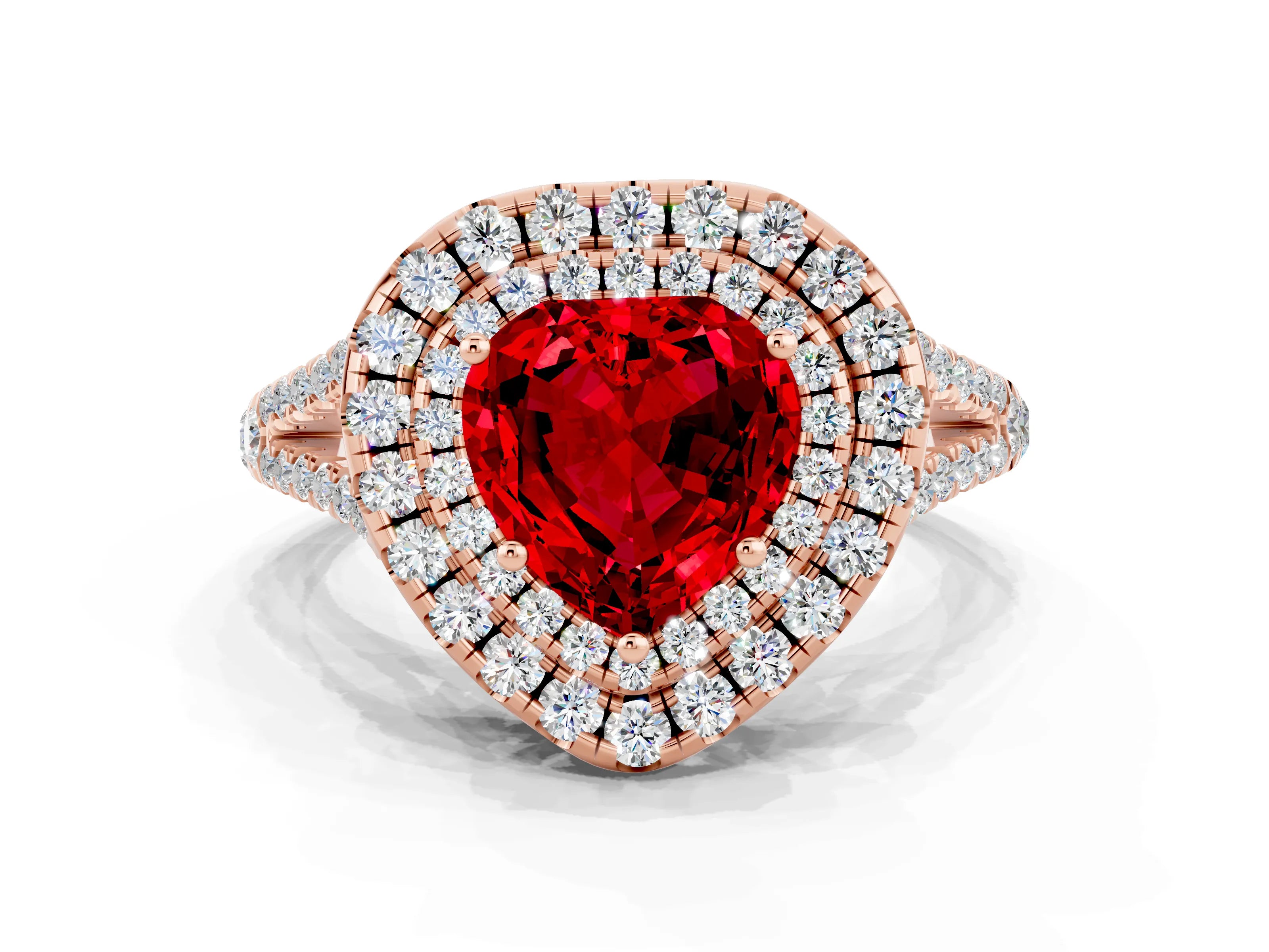 Rose gold Heart Cut Ruby Double Halo Ring with Pavé Band and Prong Setting_12