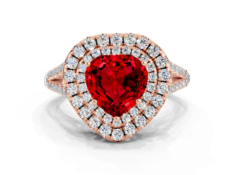 Rose gold Heart Cut Ruby Double Halo Ring with Pavé Band and Prong Setting_12