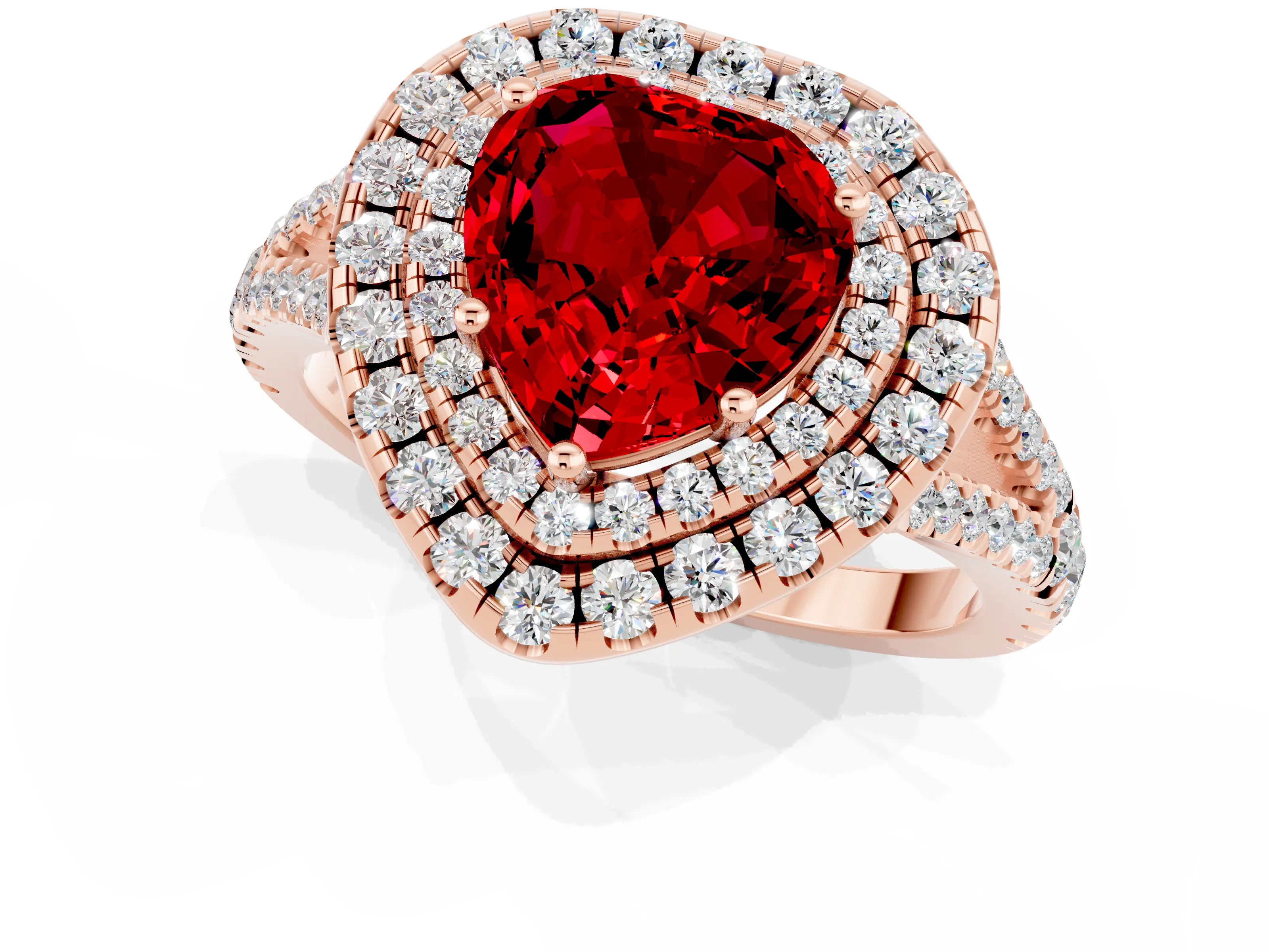 Rose gold Heart Cut Ruby Double Halo Ring with Pavé Band and Prong Setting_13