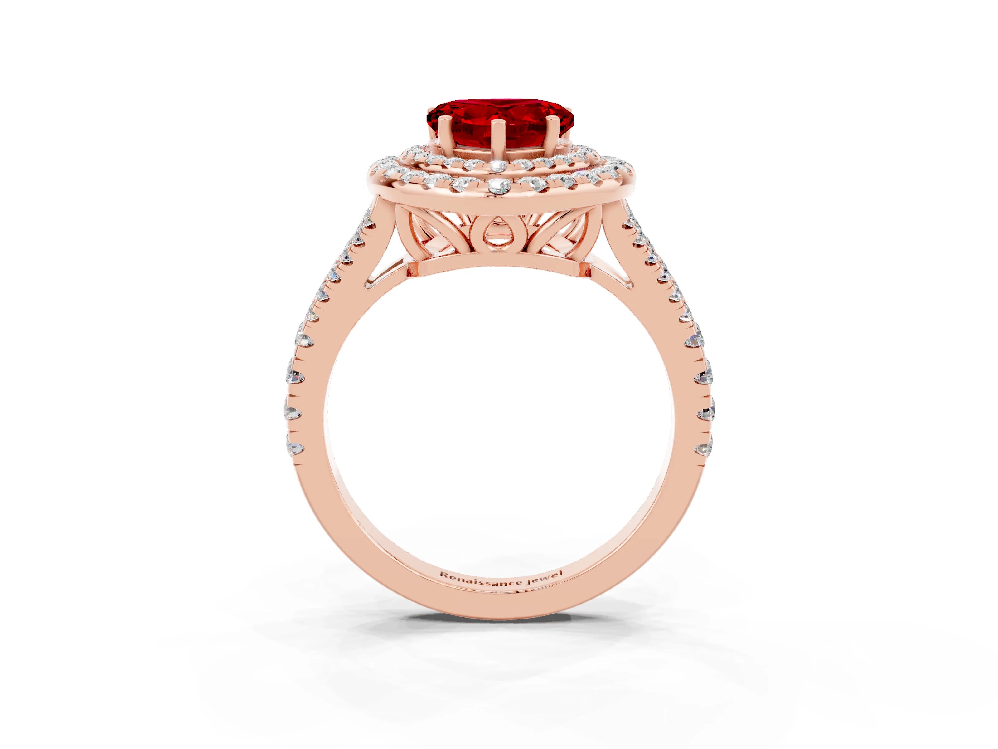 Rose gold Heart Cut Ruby Double Halo Ring with Pavé Band and Prong Setting_15
