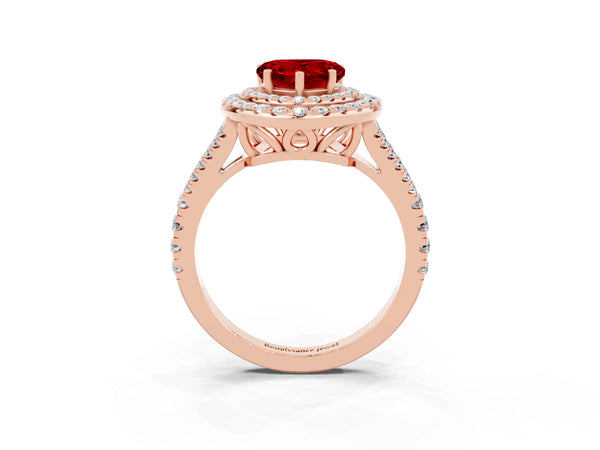 Rose gold Heart Cut Ruby Double Halo Ring with Pavé Band and Prong Setting