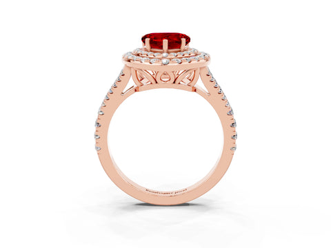 Rose gold Heart Cut Ruby Double Halo Ring with Pavé Band and Prong Setting_15