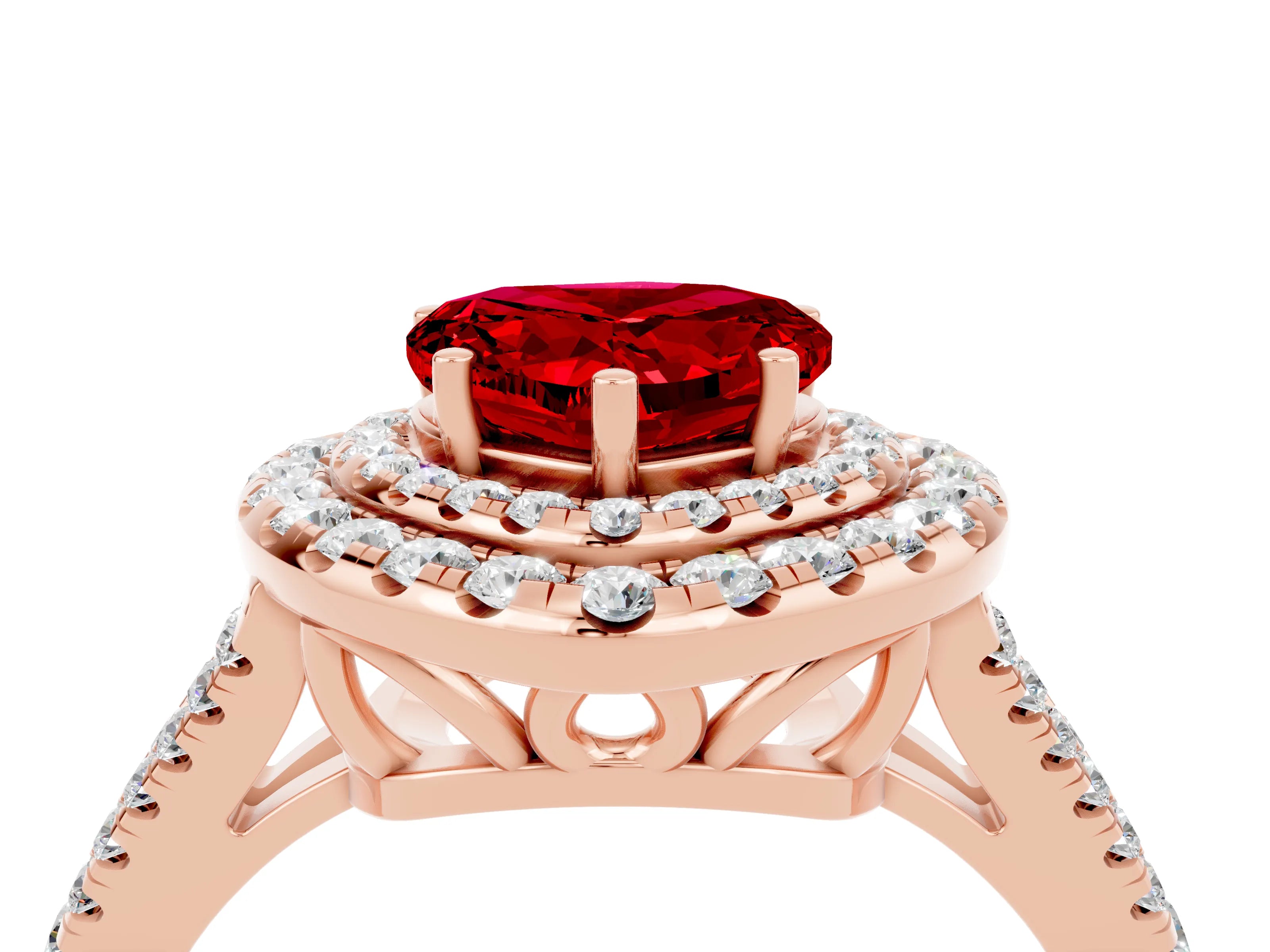 Rose gold Heart Cut Ruby Double Halo Ring with Pavé Band and Prong Setting_16