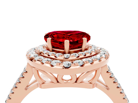 Rose gold Heart Cut Ruby Double Halo Ring with Pavé Band and Prong Setting_16
