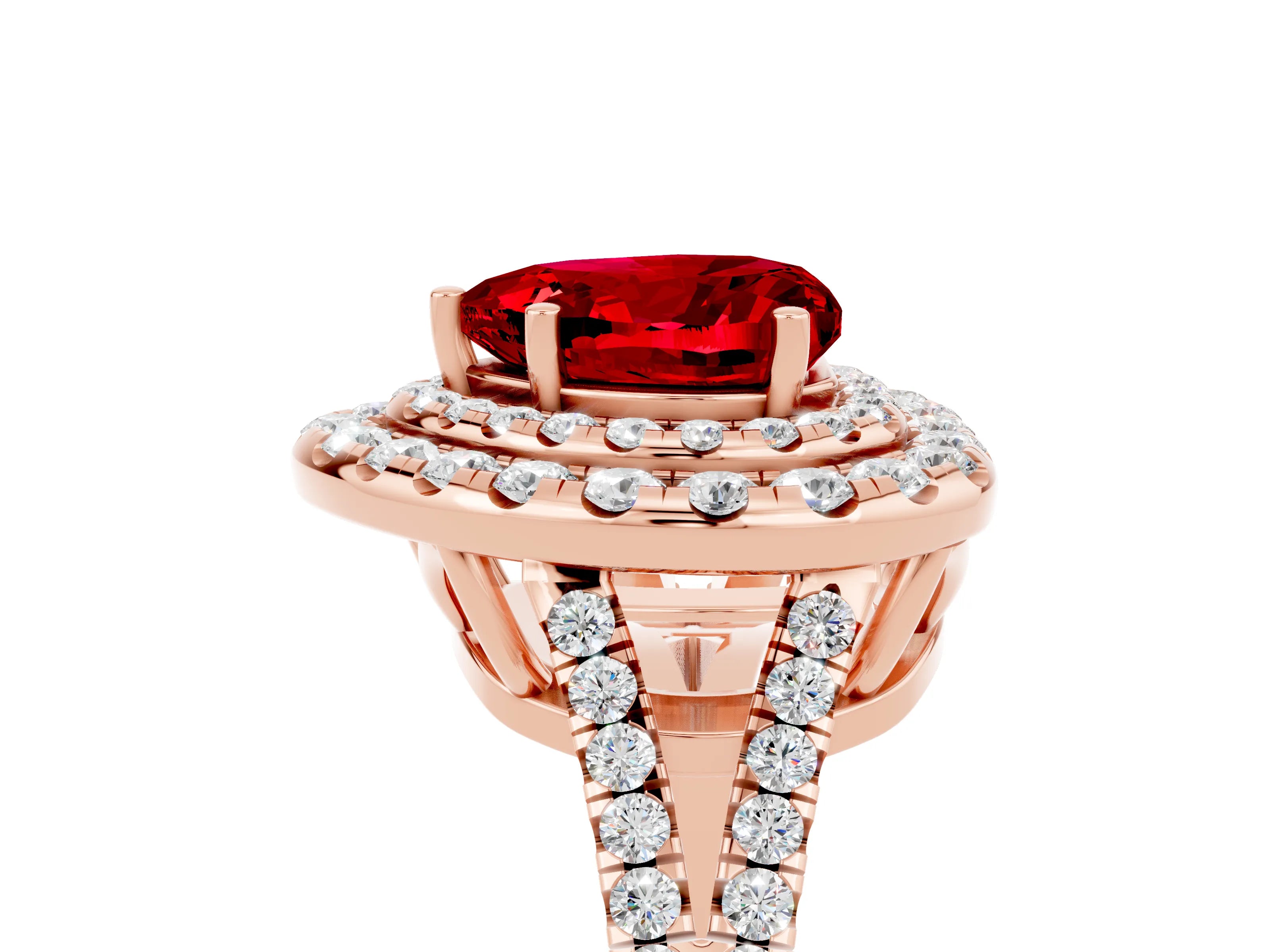 Rose gold Heart Cut Ruby Double Halo Ring with Pavé Band and Prong Setting_17