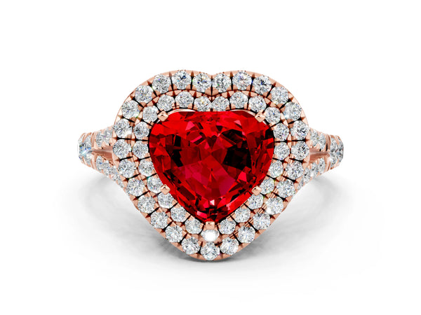 Rose gold Heart Cut Ruby Double Halo Ring with Split Shank and Prong Setting