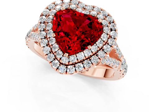 Rose gold Heart Cut Ruby Double Halo Ring with Split Shank and Prong Setting_13