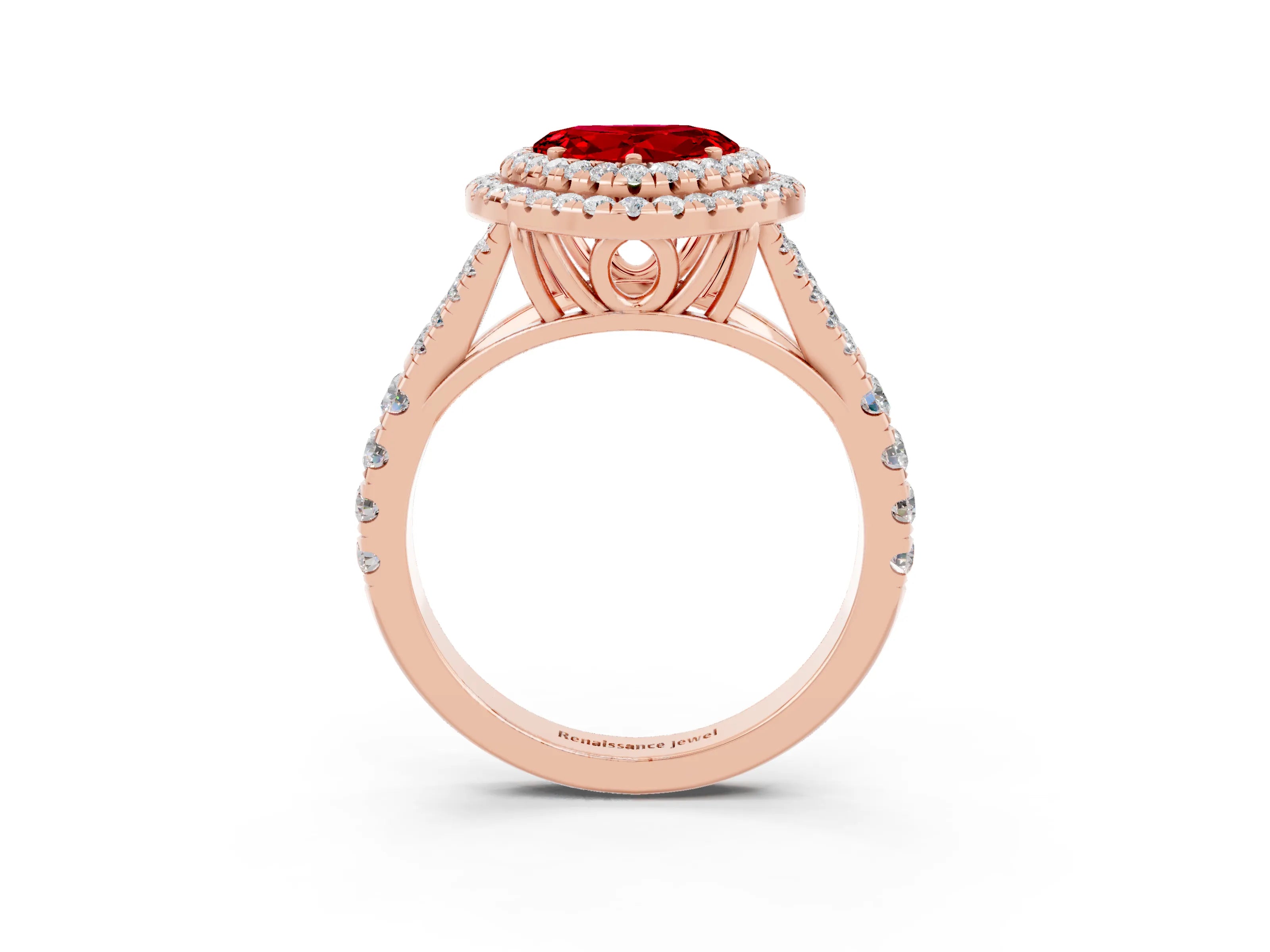 Rose gold Heart Cut Ruby Double Halo Ring with Split Shank and Prong Setting_15