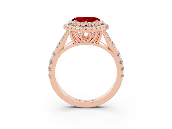 Rose gold Heart Cut Ruby Double Halo Ring with Split Shank and Prong Setting