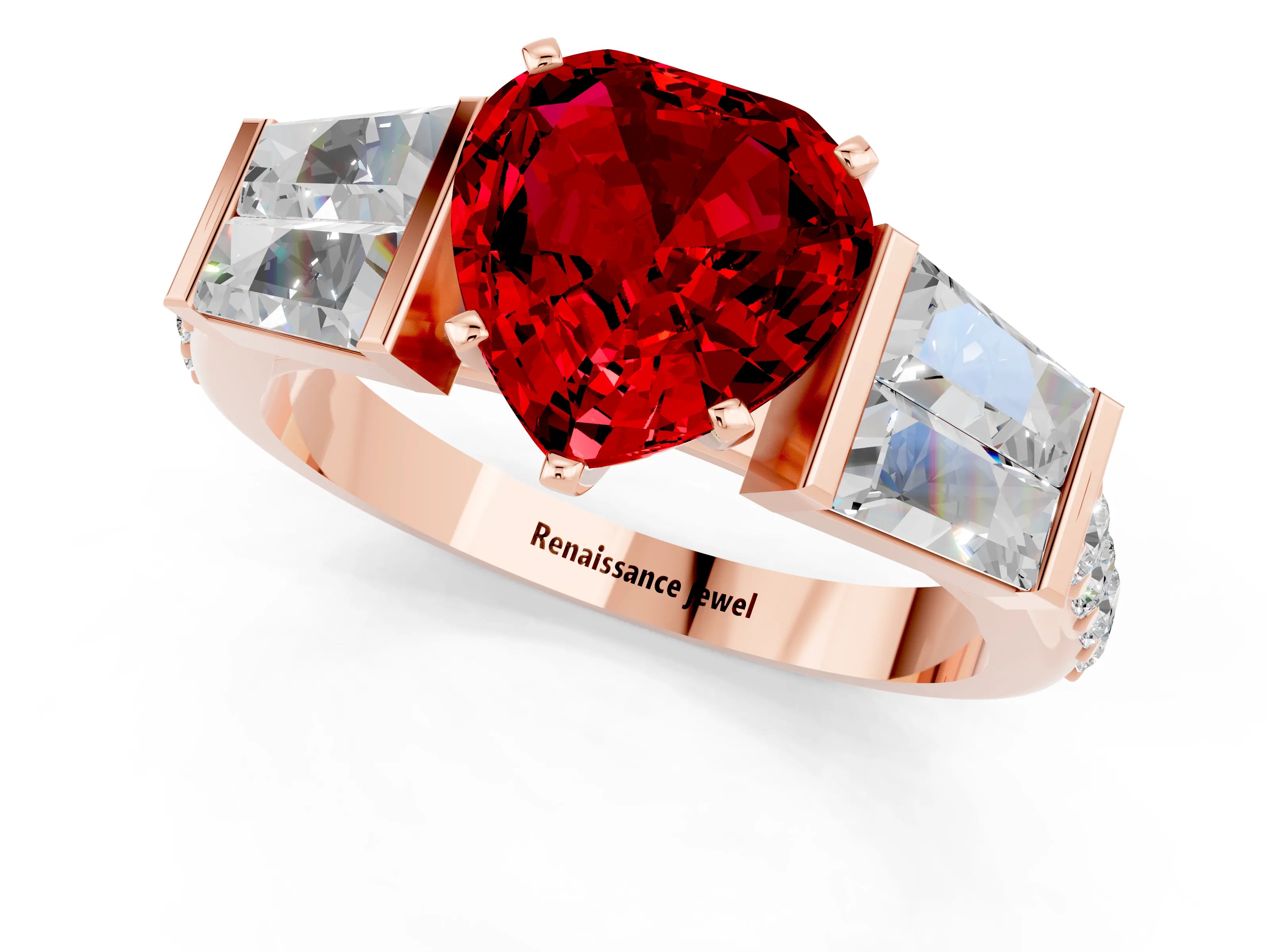 Rose gold Heart Cut Ruby Engagement Ring with Baguette Side Stones and Channel Set Band_1