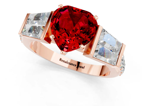 Rose gold Heart Cut Ruby Engagement Ring with Baguette Side Stones and Channel Set Band_1