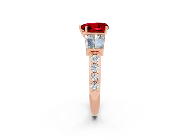 Rose gold Heart Cut Ruby Engagement Ring with Baguette Side Stones and Channel Set Band