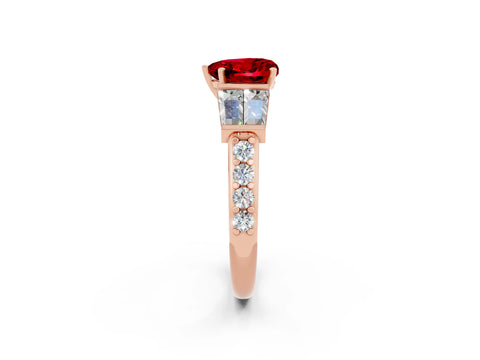 Rose gold Heart Cut Ruby Engagement Ring with Baguette Side Stones and Channel Set Band_2