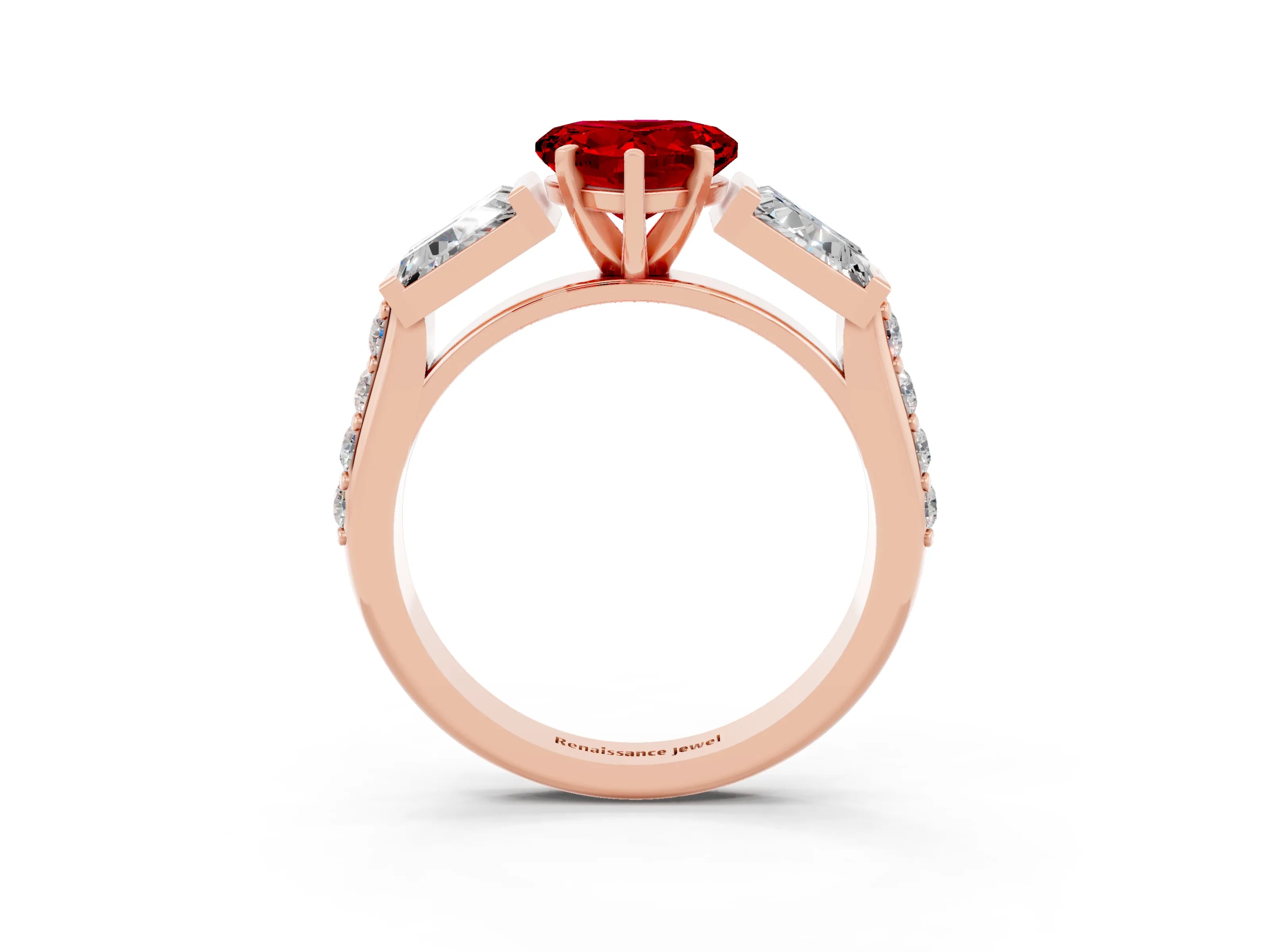 Rose gold Heart Cut Ruby Engagement Ring with Baguette Side Stones and Channel Set Band_3