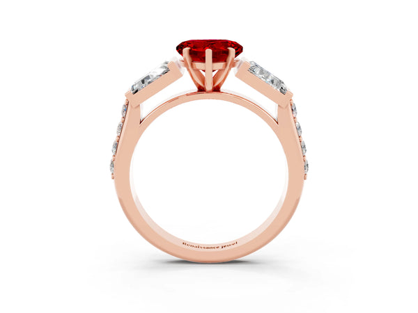 Rose gold Heart Cut Ruby Engagement Ring with Baguette Side Stones and Channel Set Band