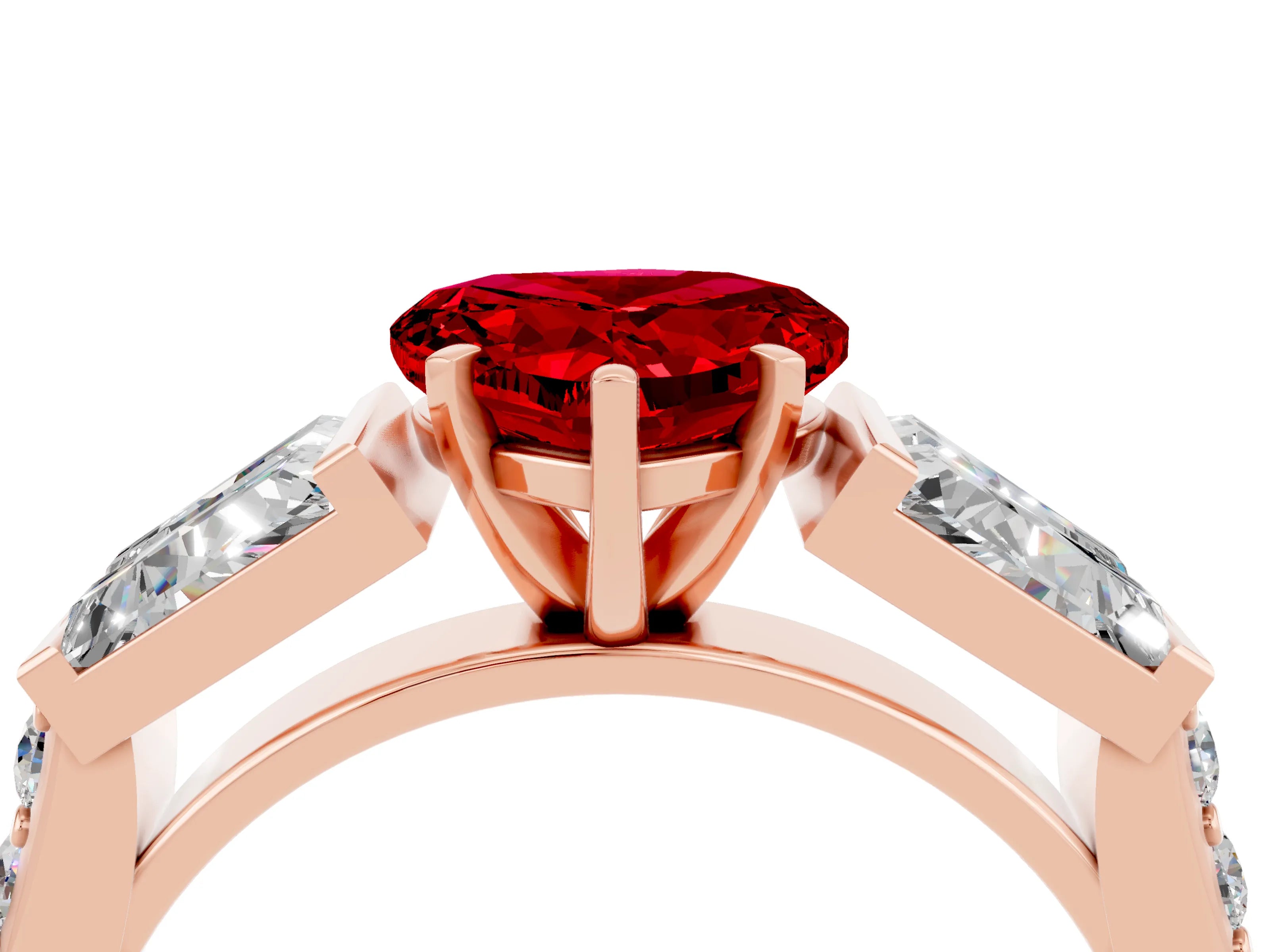 Rose gold Heart Cut Ruby Engagement Ring with Baguette Side Stones and Channel Set Band_4