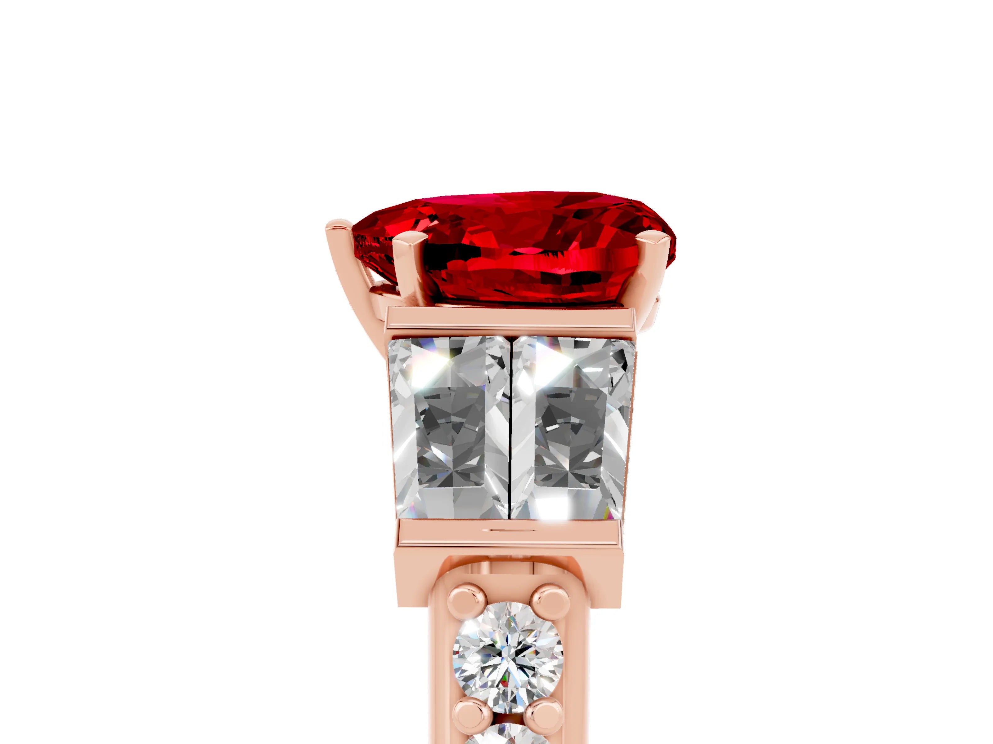 Rose gold Heart Cut Ruby Engagement Ring with Baguette Side Stones and Channel Set Band_5