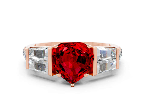 Rose gold Heart Cut Ruby Engagement Ring with Baguette Side Stones and Channel Set Band