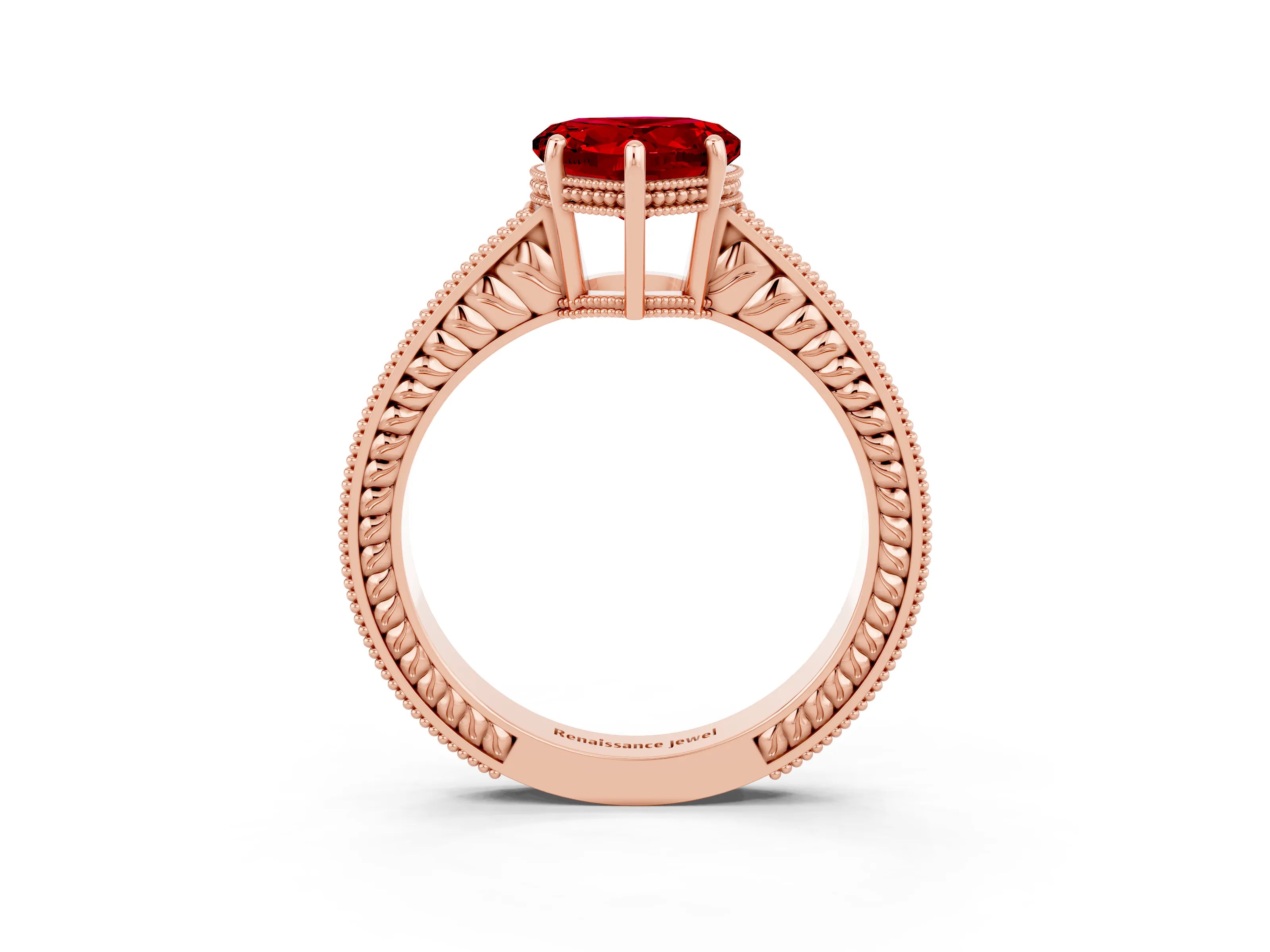 Rose gold Heart Cut Ruby Engagement Ring with Milgrain Channel Set Band and Prong Setting_3