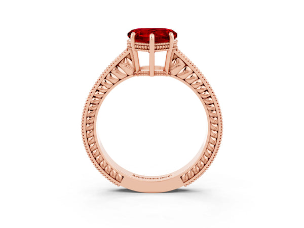 Rose gold Heart Cut Ruby Engagement Ring with Milgrain Channel Set Band and Prong Setting