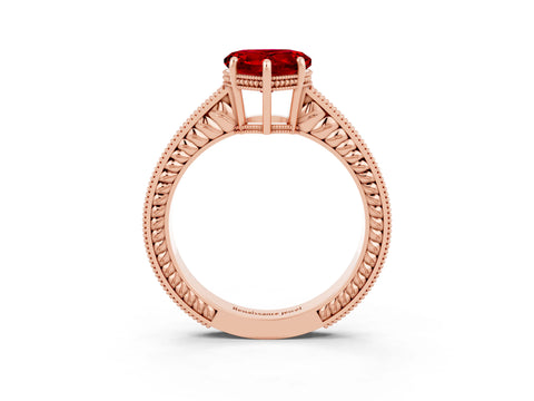 Rose gold Heart Cut Ruby Engagement Ring with Milgrain Channel Set Band and Prong Setting_3