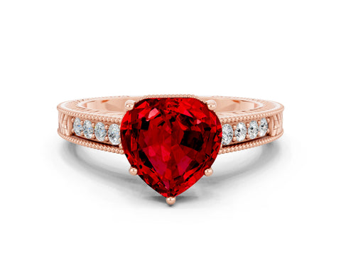 Rose gold Heart Cut Ruby Engagement Ring with Milgrain Channel Set Band and Prong Setting