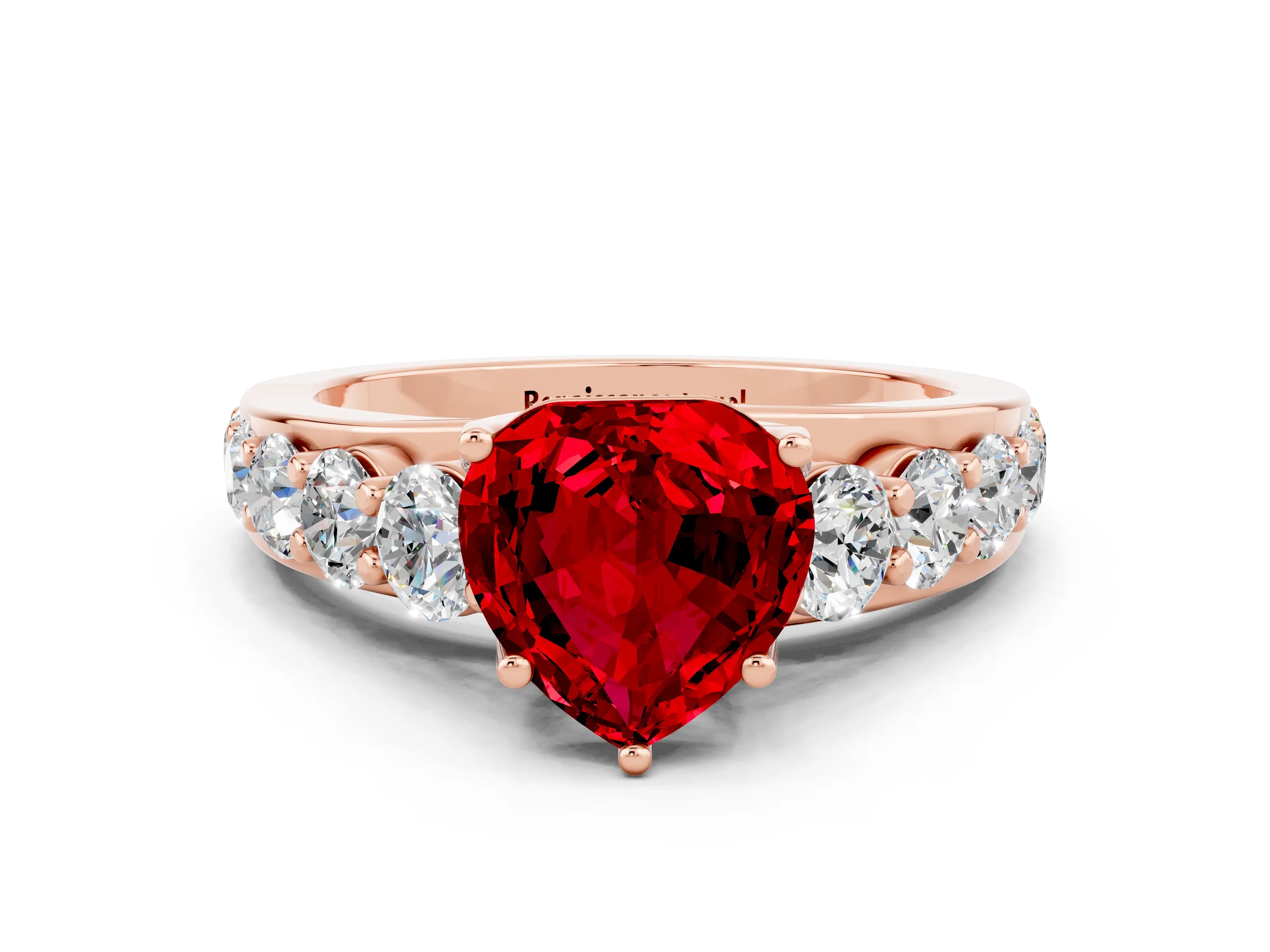 Rose gold Heart Cut Ruby Engagement Ring with Pavé Band and Four-Prong Setting