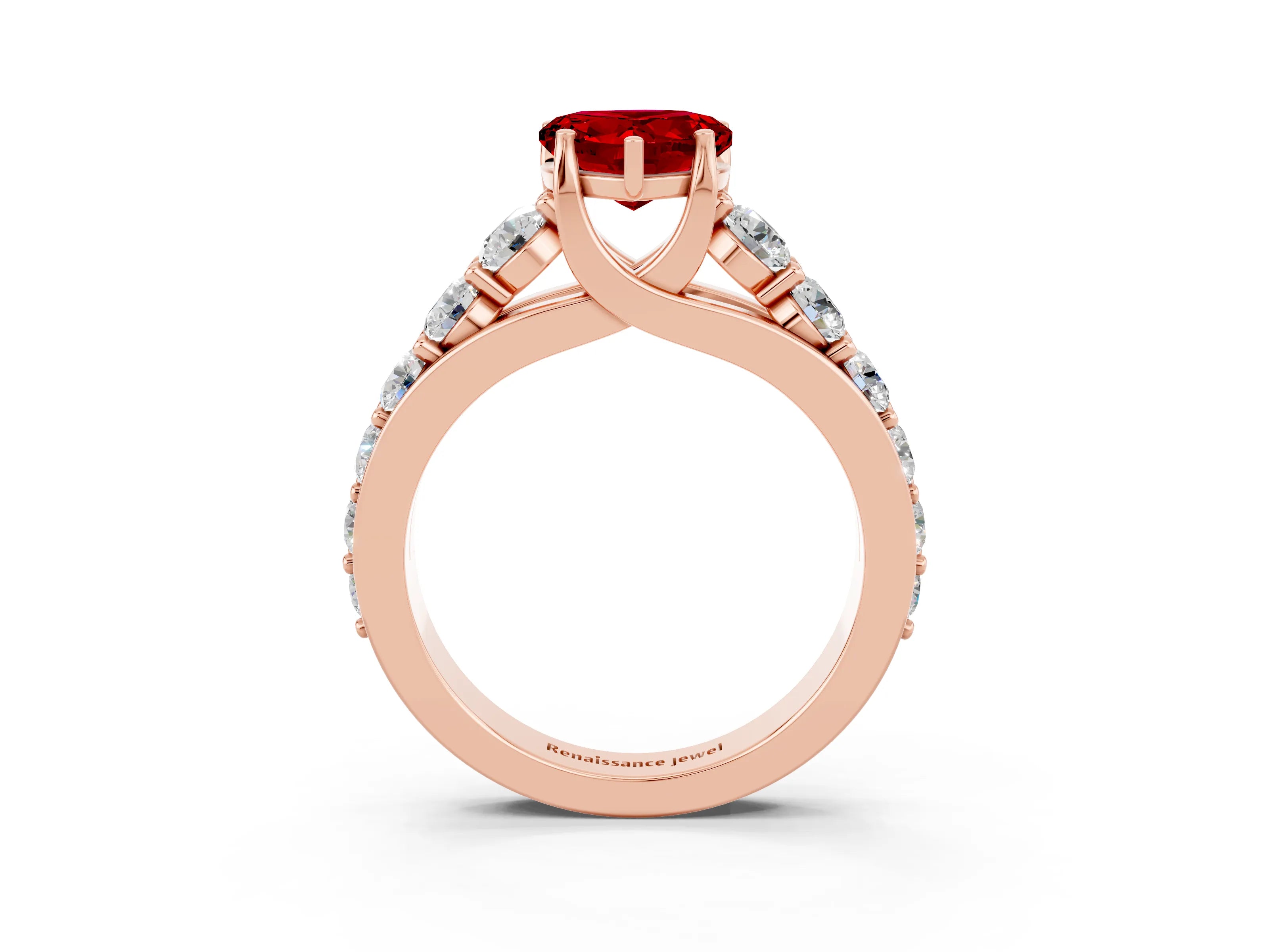 Rose gold Heart Cut Ruby Engagement Ring with Pavé Band and Four-Prong Setting_3
