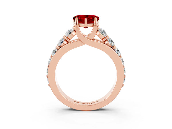 Rose gold Heart Cut Ruby Engagement Ring with Pavé Band and Four-Prong Setting