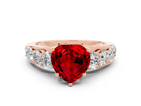 Rose gold Heart Cut Ruby Engagement Ring with Pavé Band and Four-Prong Setting