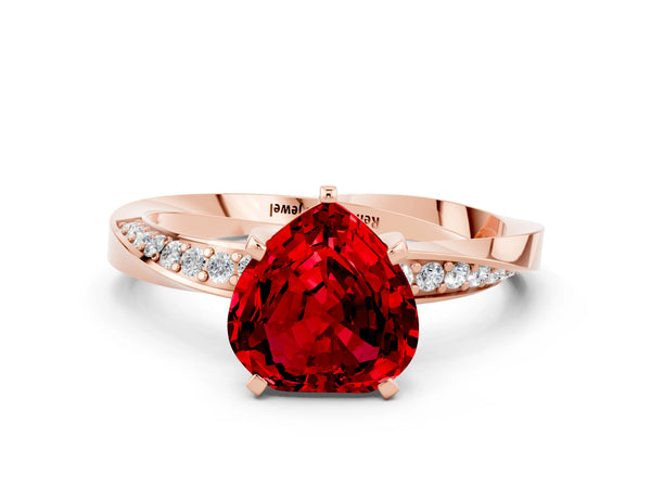 Rose gold Heart Cut Ruby Engagement Ring with Side Stone Accents and Four-Prong Setting