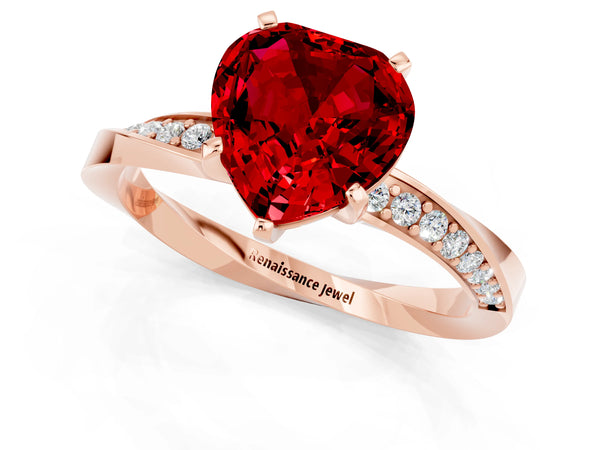 Rose gold Heart Cut Ruby Engagement Ring with Side Stone Accents and Four-Prong Setting