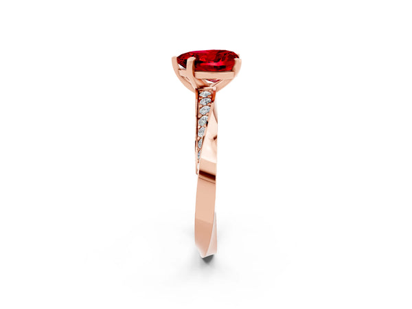 Rose gold Heart Cut Ruby Engagement Ring with Side Stone Accents and Four-Prong Setting