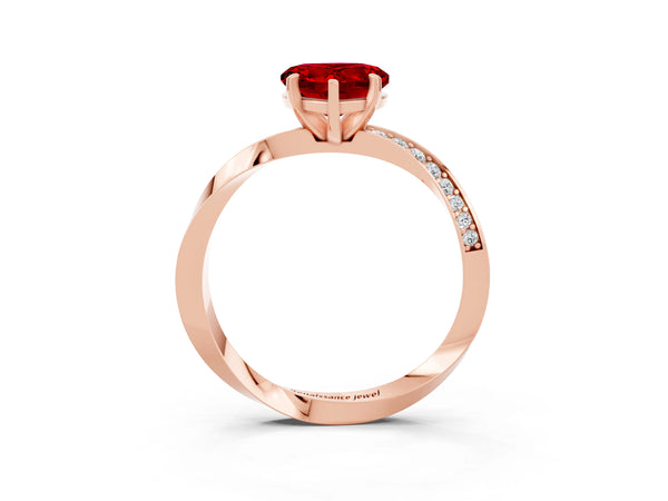 Rose gold Heart Cut Ruby Engagement Ring with Side Stone Accents and Four-Prong Setting