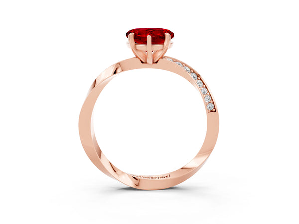Rose gold Heart Cut Ruby Engagement Ring with Side Stone Accents and Four-Prong Setting