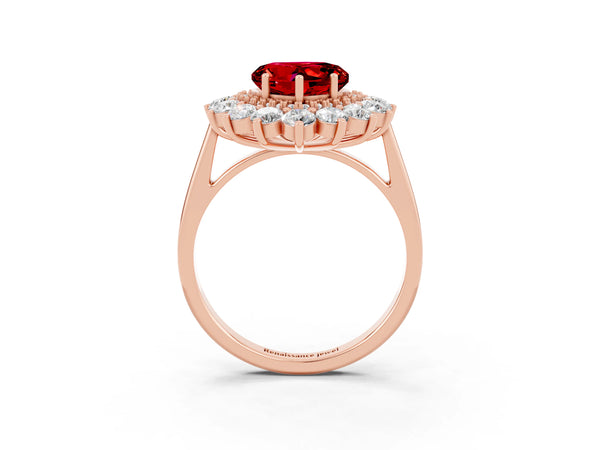 Rose Gold Heart-Shaped Lab-Grown Ruby Floral Double Halo Engagement Ring with Plain Band