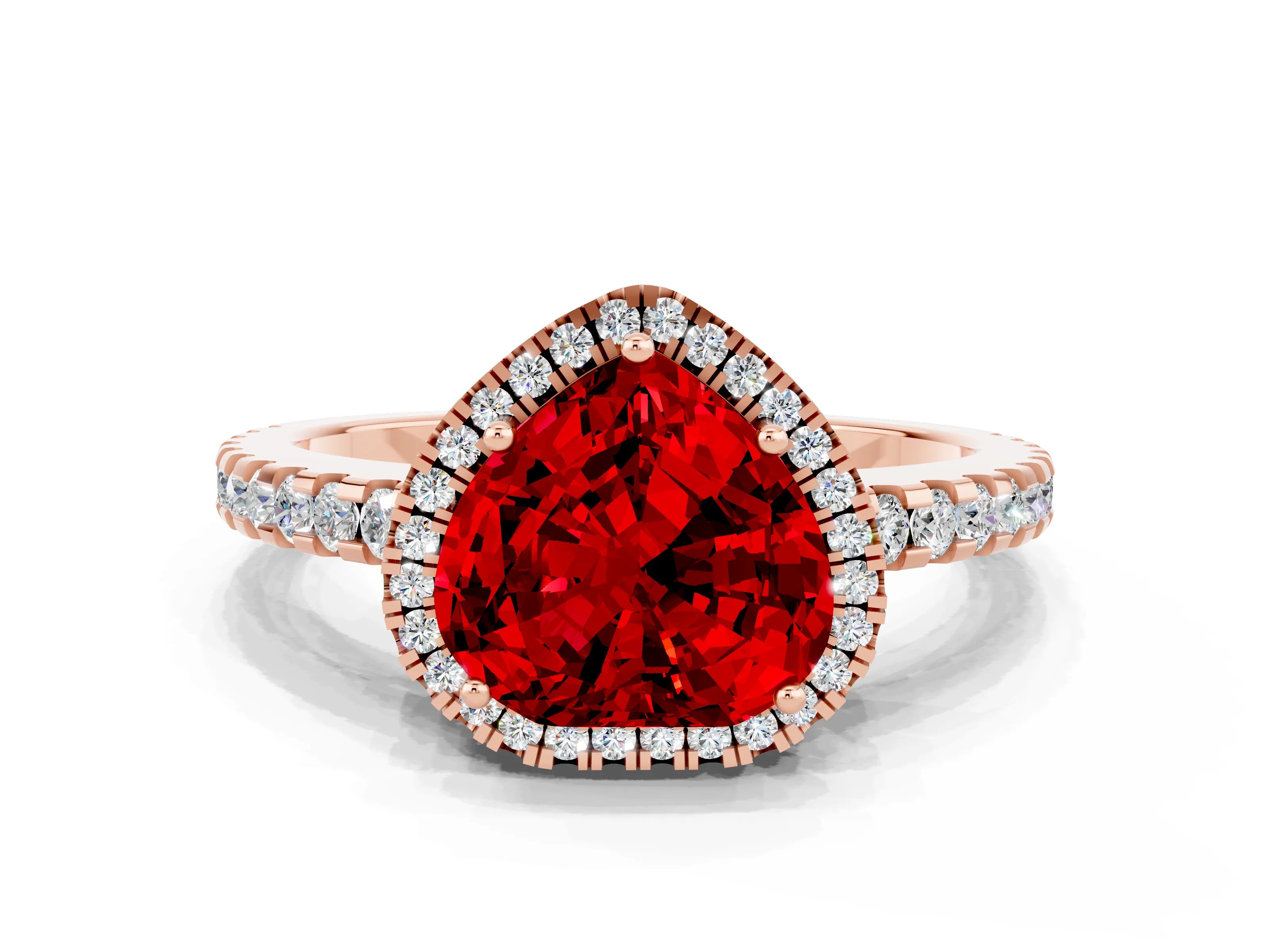 Rose gold Heart Cut Ruby Halo Engagement Ring with Pavé Band and Prong Setting_12