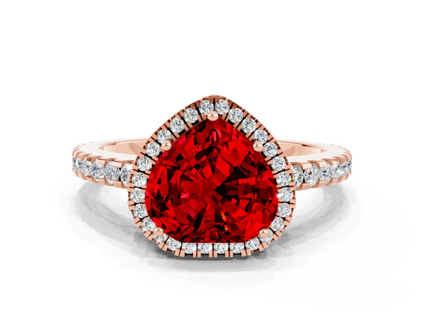 Rose gold Heart Cut Ruby Halo Engagement Ring with Pavé Band and Prong Setting