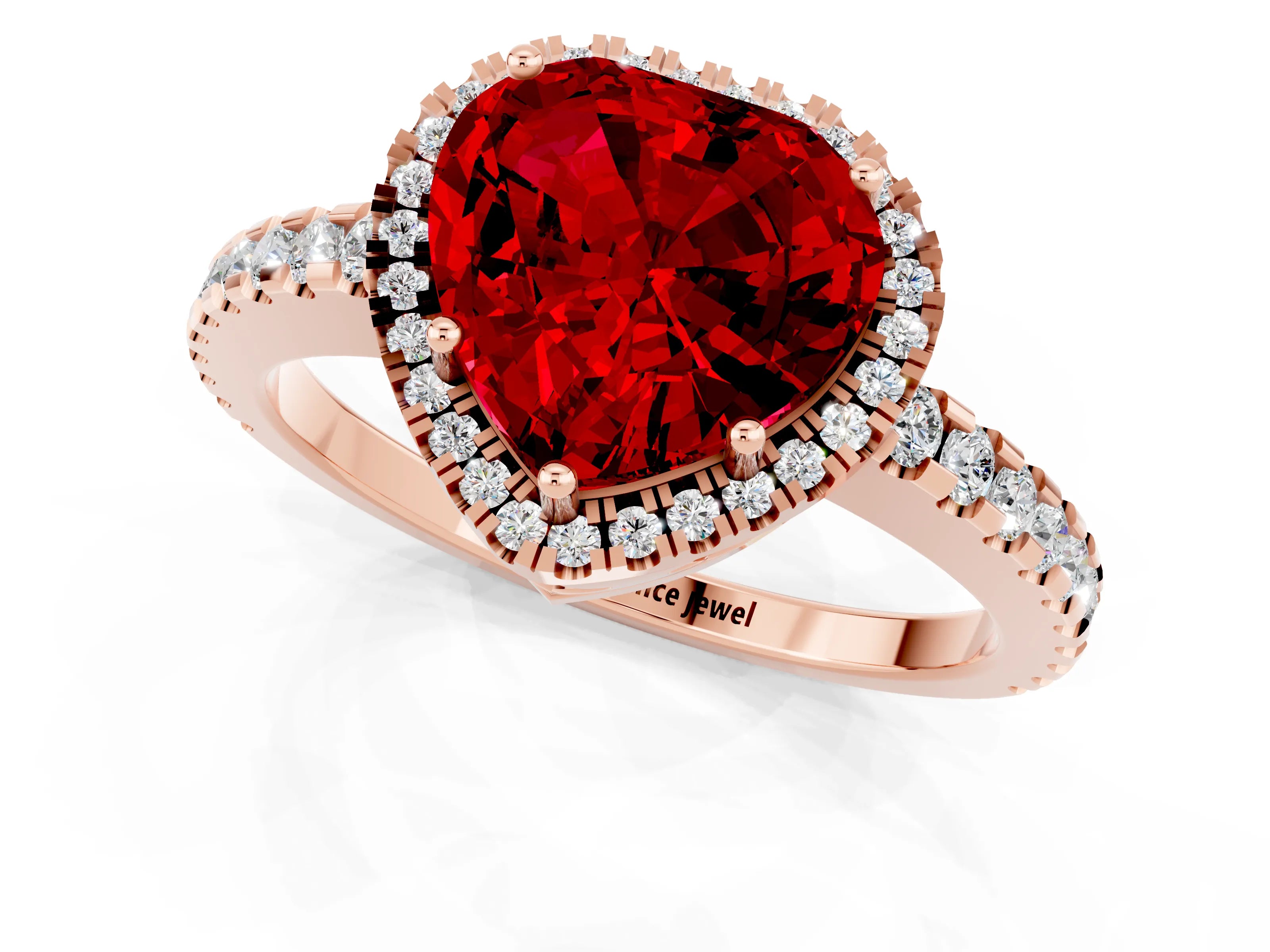 Rose gold Heart Cut Ruby Halo Engagement Ring with Pavé Band and Prong Setting_13
