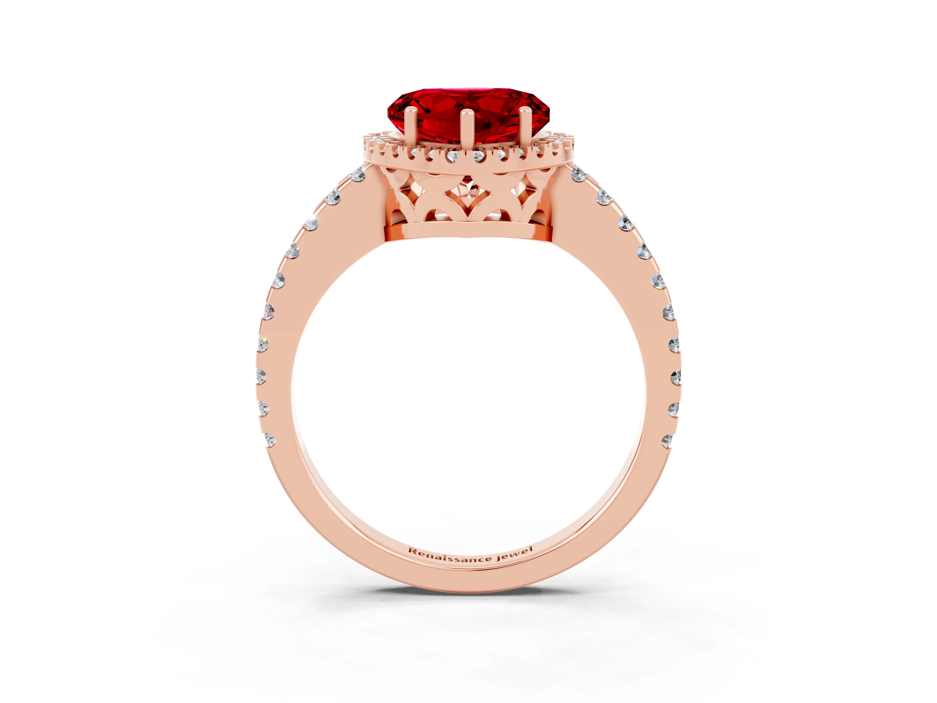 Rose gold Heart Cut Ruby Halo Engagement Ring with Pavé Band and Prong Setting_15