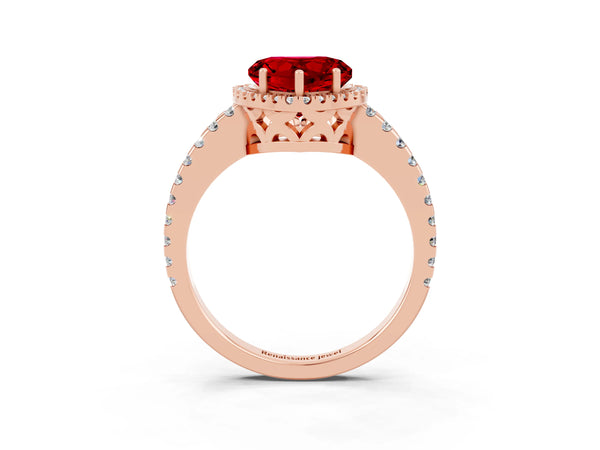 Rose gold Heart Cut Ruby Halo Engagement Ring with Pavé Band and Prong Setting