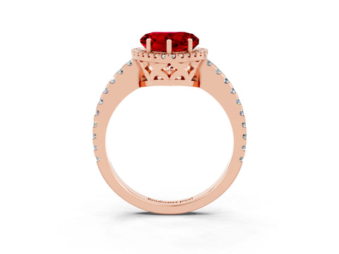 Rose gold Heart Cut Ruby Halo Engagement Ring with Pavé Band and Prong Setting_15