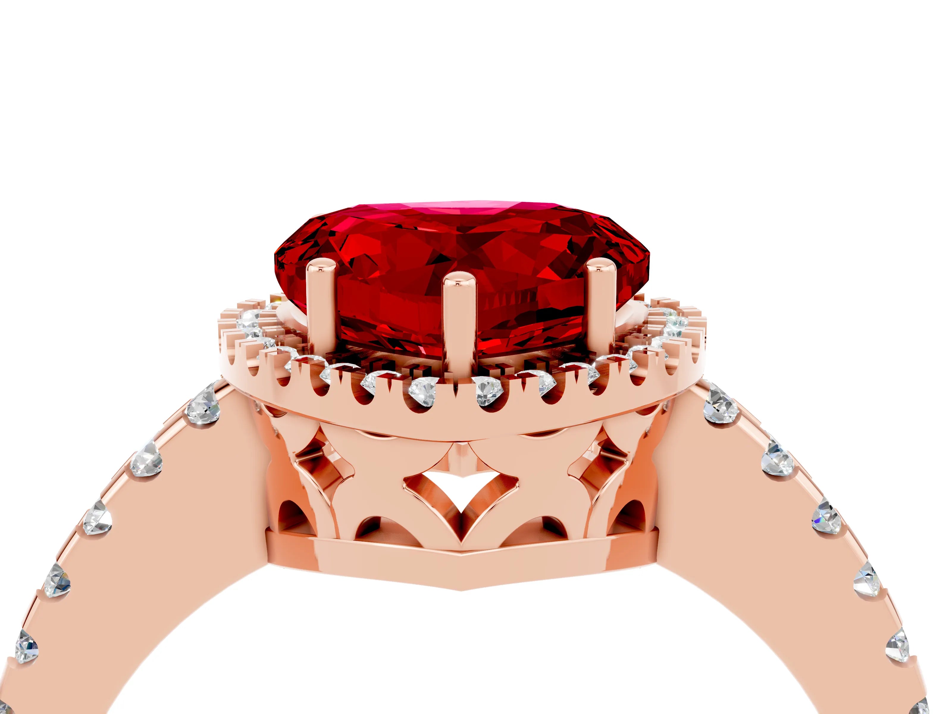 Rose gold Heart Cut Ruby Halo Engagement Ring with Pavé Band and Prong Setting_16