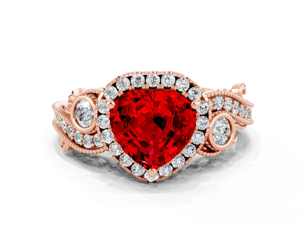 Rose gold Heart Cut Ruby Halo Ring with Milgrain Pavé Band and Four-Prong Setting