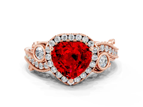 Rose gold Heart Cut Ruby Halo Ring with Milgrain Pavé Band and Four-Prong Setting_12