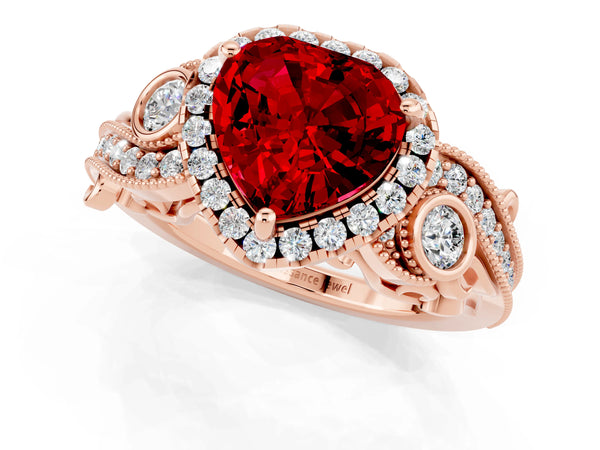 Rose gold Heart Cut Ruby Halo Ring with Milgrain Pavé Band and Four-Prong Setting