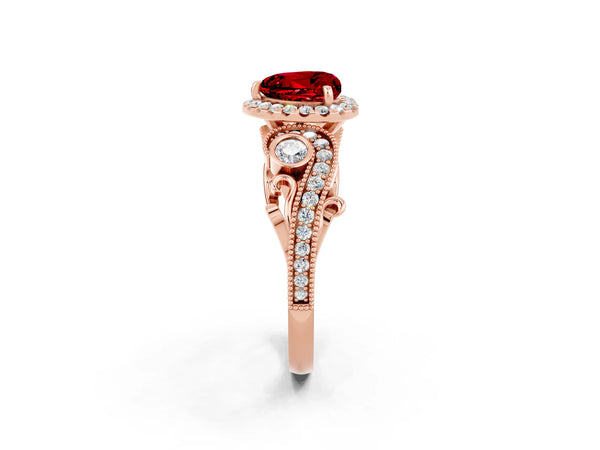 Rose gold Heart Cut Ruby Halo Ring with Milgrain Pavé Band and Four-Prong Setting