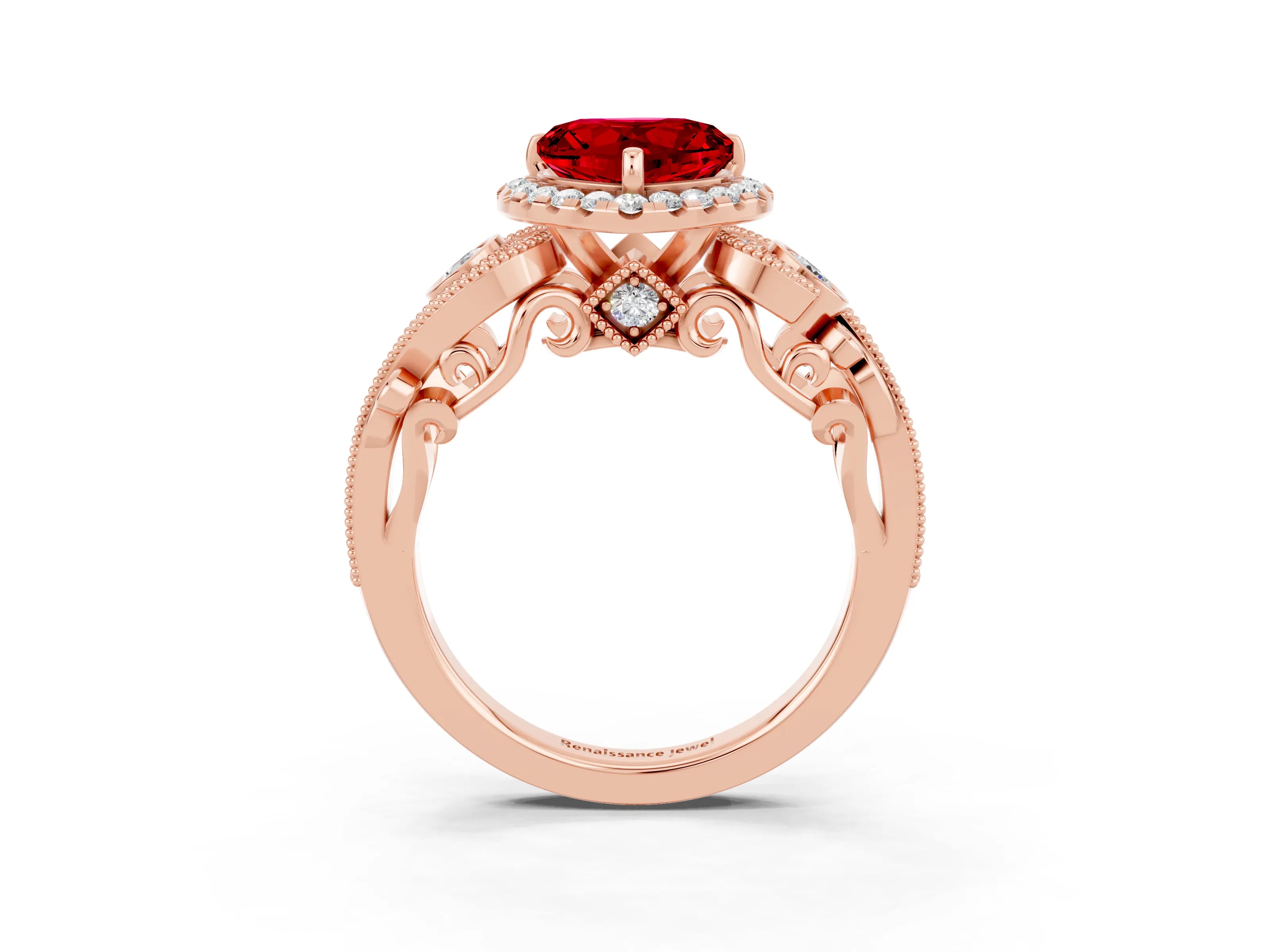 Rose gold Heart Cut Ruby Halo Ring with Milgrain Pavé Band and Four-Prong Setting_15